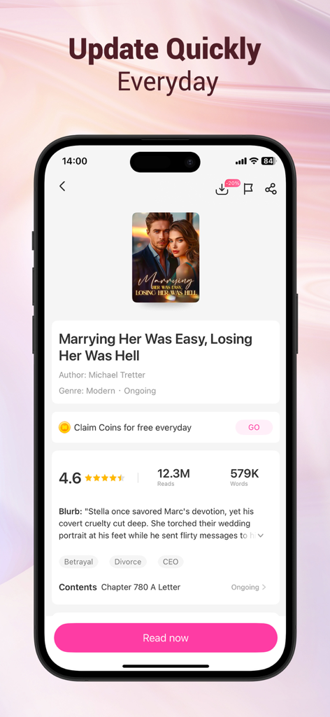 Smartphone-Bildschirm, der eine Detailseite eines Liebesromans in der Mobilis-Lese-App zeigt.