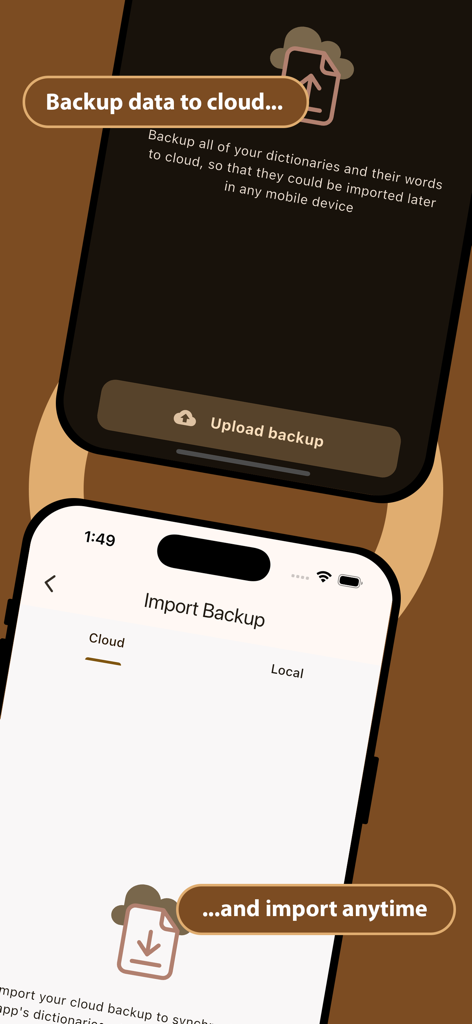 Una interfaz móvil que muestra pantallas de copia de seguridad en la nube e importación de datos para la app Crear Diccionario