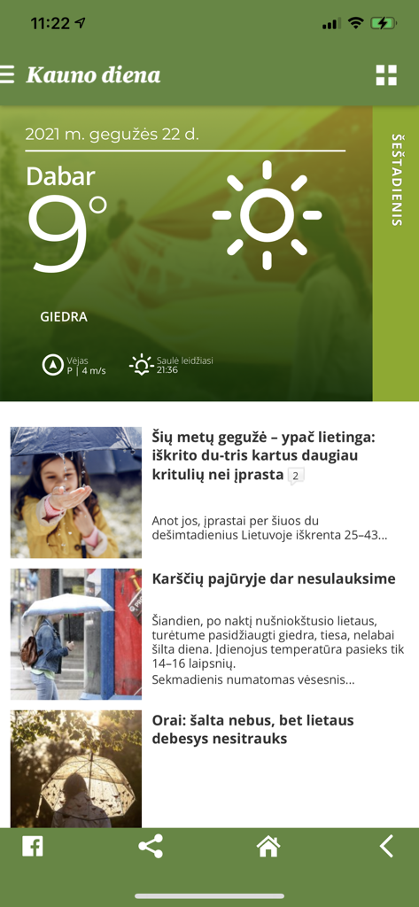 Screenshot of Kauno diena news app showing the current weather and local articles in Lithuanian
