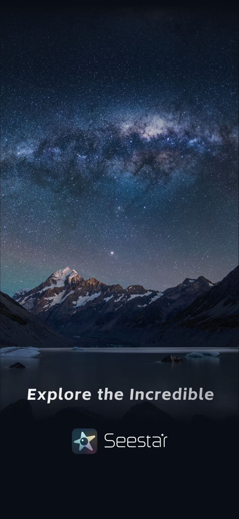 Seestar - Seestar app splash screen featuring the Milky Way over mountains and a lake with the text Explore the Incredible