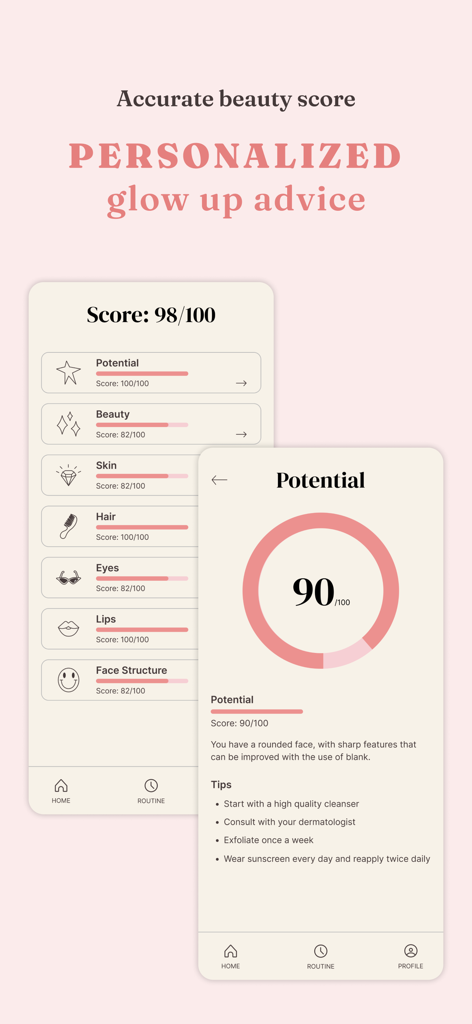 sister glow up - Interface of the Sister Glow Up app displaying a detailed beauty score and personalized skincare recommendations