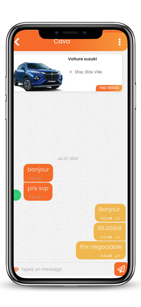 Interface de chat do aplicativo móvel Cava.tn mostrando uma negociação de preço para um anúncio de carro na Tunísia.