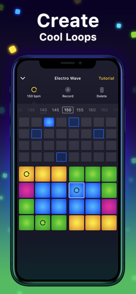 電子音楽ビートを作成するための、カラフルなパッドグリッドとシーケンサーが表示されたDrum Pad Machineアプリのインターフェース。
