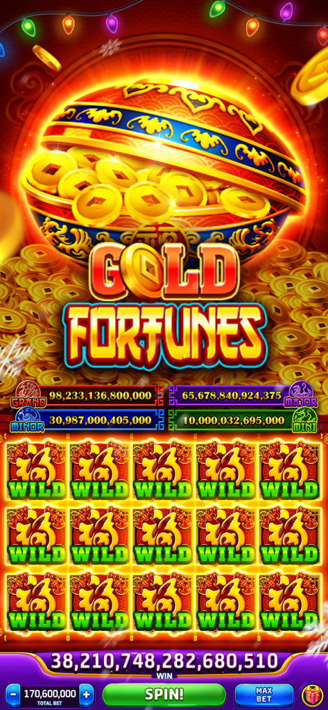 Gameplay del tema Grand Cash Slots Gold Fortunes che mostra simboli wild multipli e un contatore di jackpot enorme