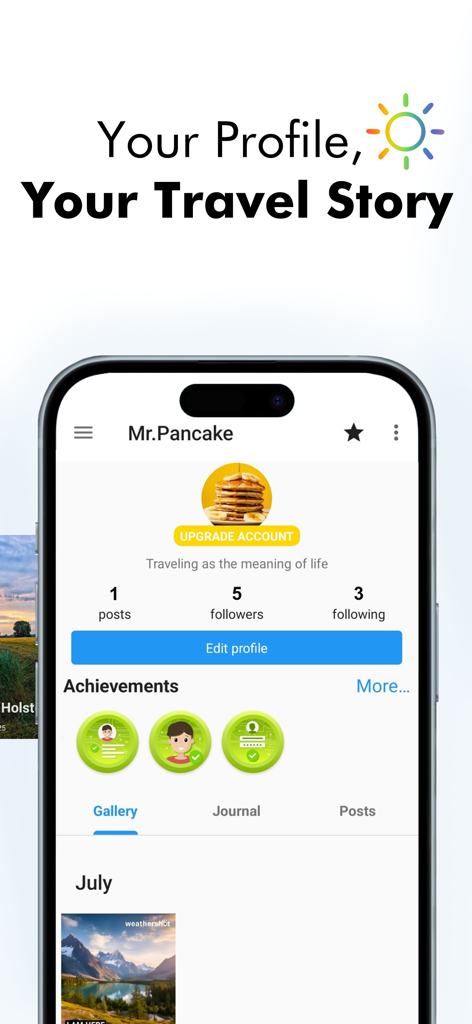 Weathershot - Instaweather - A user profile interface in the Weathershot app showing travel stories and achievements.