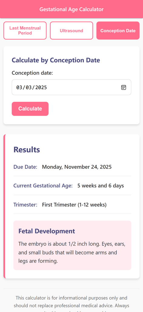 Gestational Age Calculator App - Screenshot of the Gestational Age Calculator app showing pregnancy results including due date and fetal development details