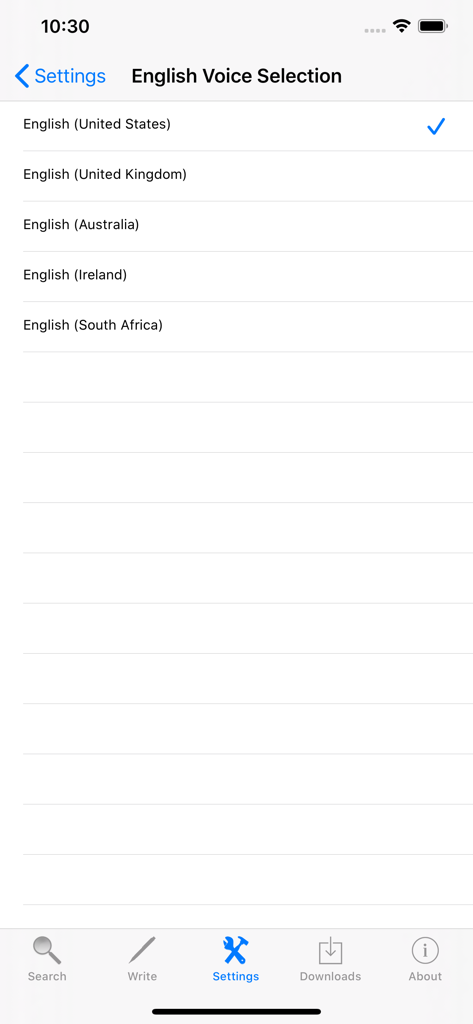 Menu de seleção de voz em inglês mostrando sotaques para Estados Unidos, Reino Unido, Austrália, Irlanda e África do Sul