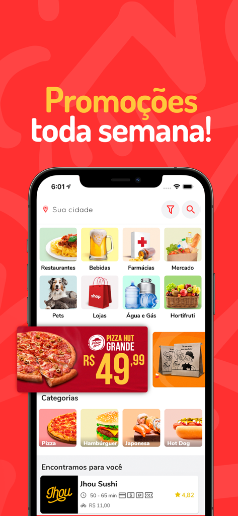 Pede.ai - Delivery - Pede.aiモバイルアプリのインターフェースには、デリバリーカテゴリと毎週のプロモーションが表示されている