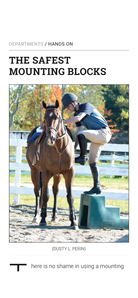 A rider using a green plastic mounting block to get on a brown horse in an Equus Magazine article