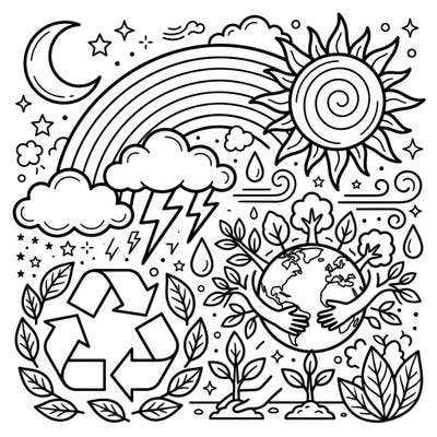 Dive into a vibrant celebration of Earth Day with this engaging coloring page designed for kids. Explore a cheerful blend of weather elements and nature scenes, perfect for inspiring young minds to protect our planet.