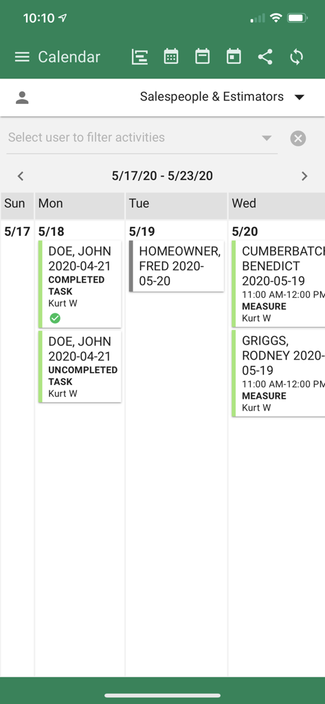 RFMS CRM - RFMS CRM mobile app interface showing a weekly calendar with scheduled tasks and measurement appointments for flooring sales teams
