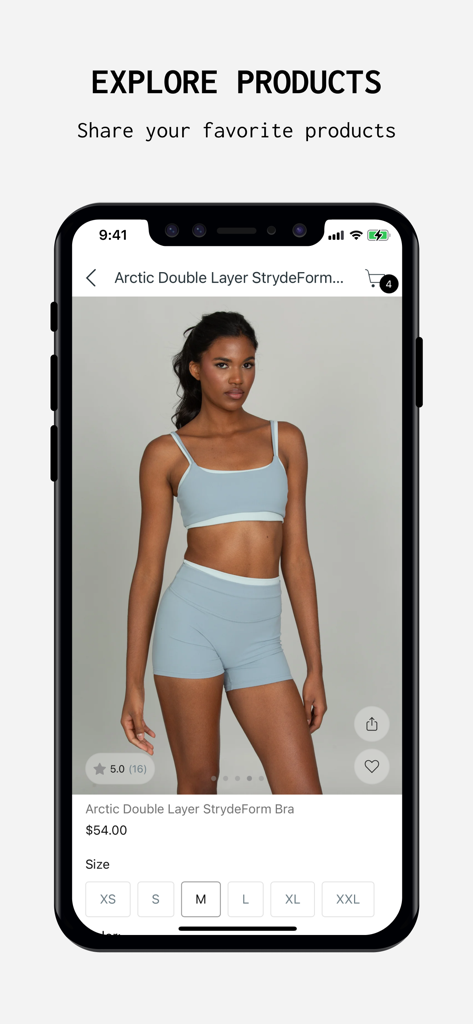 Gold Hinge - Pantalla de la app móvil Gold Hinge mostrando a una modelo usando un conjunto de sujetador y shorts deportivos azul claro con opciones de talla