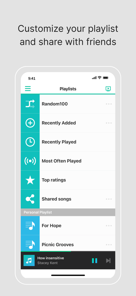 Interfaz de la aplicación DS audio mostrando varias categorías de listas de reproducción de música y colecciones personales en un dispositivo móvil