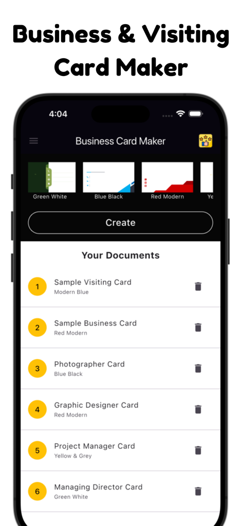 Business, Visiting Card Maker - ビジネスカードメーカーアプリのダッシュボード。保存されたプロフェッショナルなカードデザインのリストとテンプレートオプションが表示されています。
