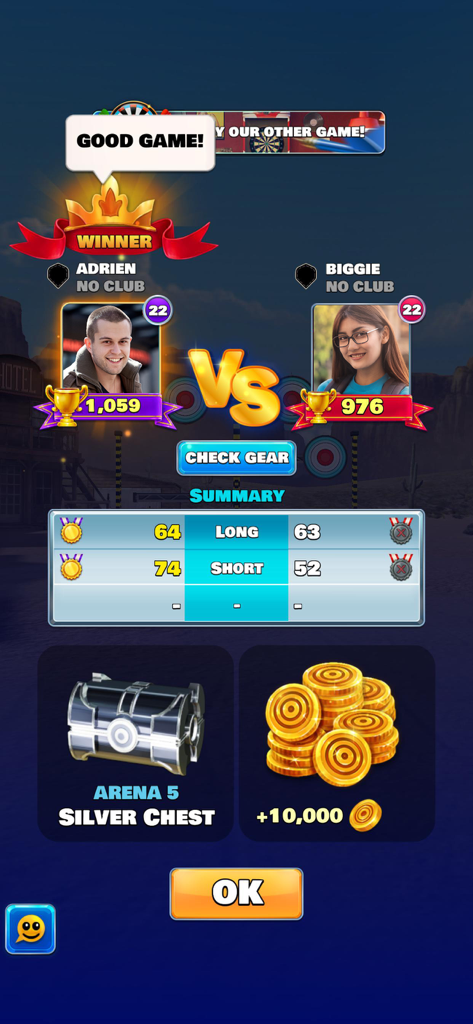 Archery Club game match summary screen showing the winner rewards and player scores.