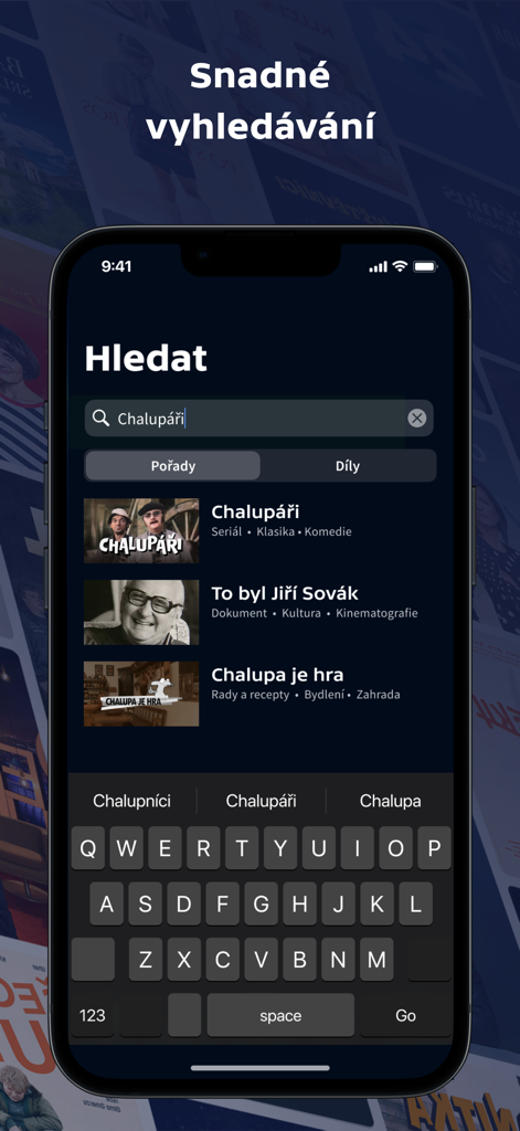Interfaz de búsqueda de la aplicación iVysílání que muestra resultados de la serie checa Chalupari en un teléfono móvil