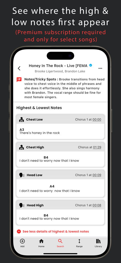 가장 높고 낮은 흉성 및 두성 음표의 타임스탬프를 포함하여 노래의 상세 음역대 정보를 보여주는 모바일 앱 화면