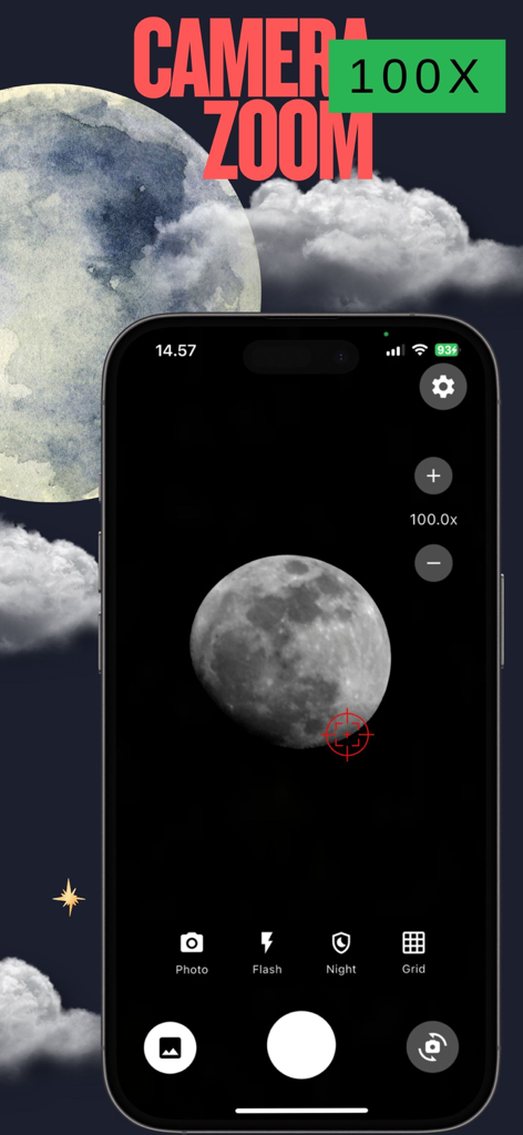 Camera Zoom 100x HD Lens - 밤하늘의 달을 100배 줌으로 확대해서 보여주는 아이폰 앱 인터페이스