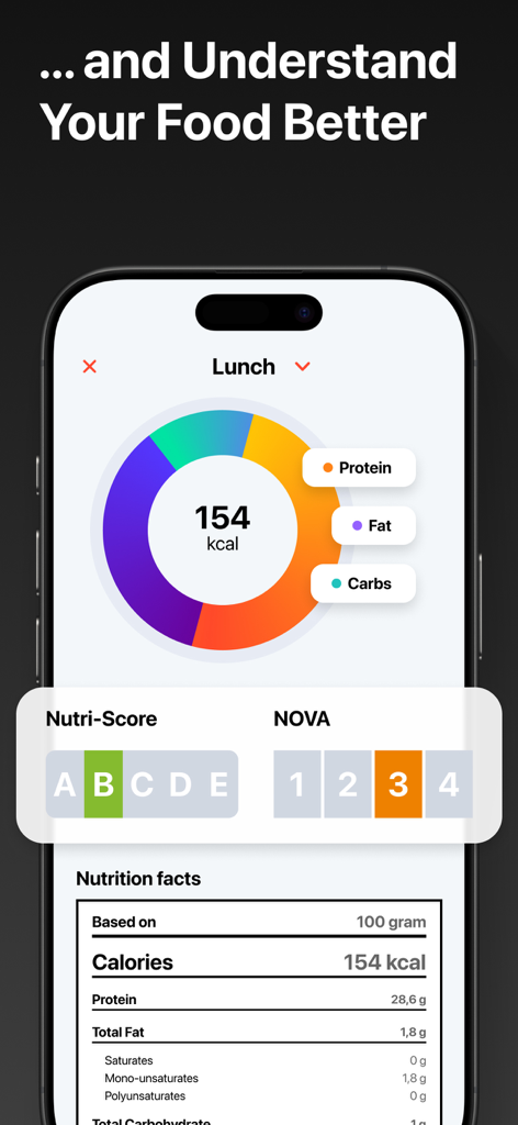 Calorie Counter - FitCounter - Un'interfaccia mobile dell'app FitCounter che visualizza un riepilogo del pasto del pranzo con un grafico di ripartizione dei macro, la valutazione Nutri-Score e fatti nutrizionali dettagliati.
