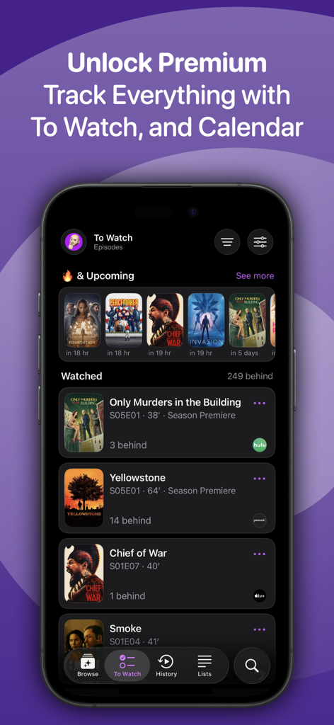 Rippple for Trakt mobile app interface displaying a To Watch list and upcoming TV show episodes.