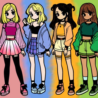 one girl with crop-top shirt and a jacket with a skirt, long socks and another girl with a shirt and pants with a jacket