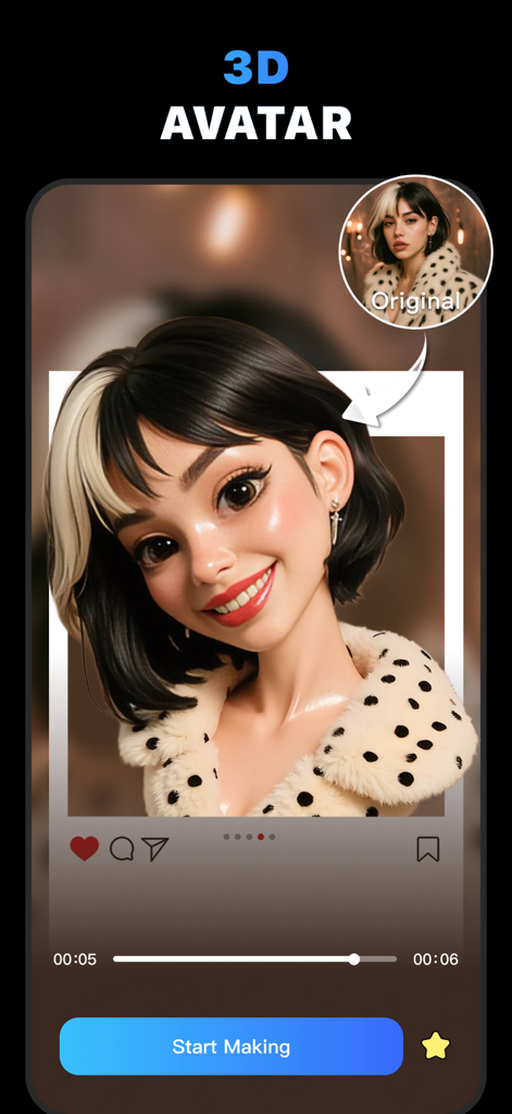 MotionAI: AI Video Filter - Avatar de dibujos animados en 3D de una mujer con cabello bicolor creado con el filtro de la aplicación MotionAI.