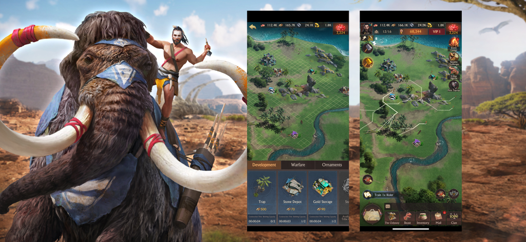 Juego móvil Savage Survival Jurassic Isle con un guerrero en un mamut y capturas de pantalla de construcción de bases