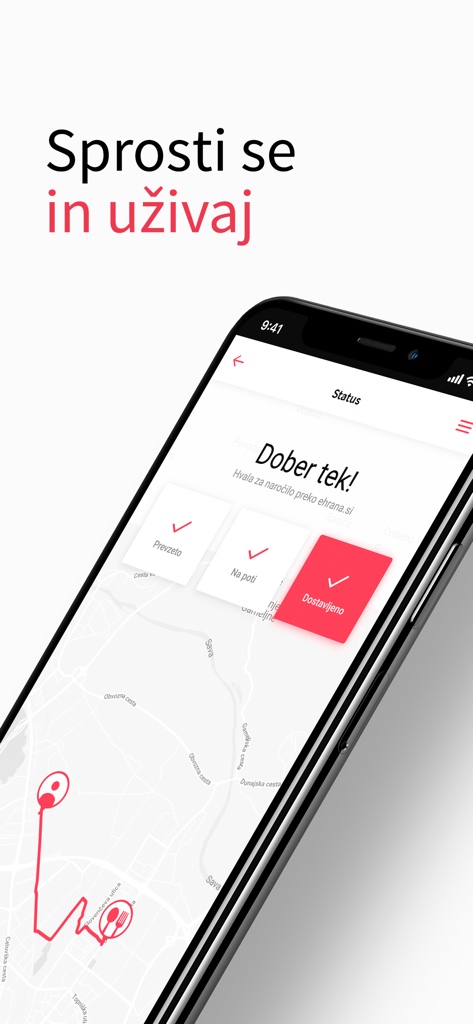 Écran d'application mobile montrant l'état de la livraison des repas et la carte de suivi pour ehrana