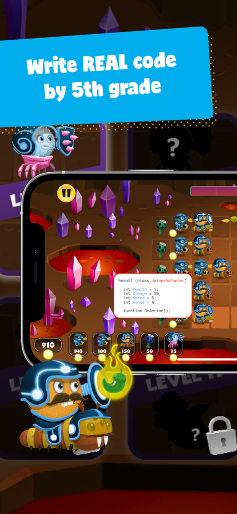 Bug World by Kodable - A screenshot of Bug World by Kodable showing a tower defense game interface with real JavaScript code snippets for upgrading heroes.