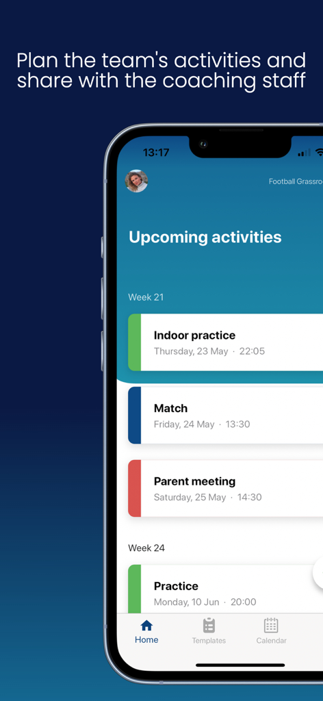 GPM - Sport - Interface of the GPM Sport app displaying a schedule of upcoming team practices and matches