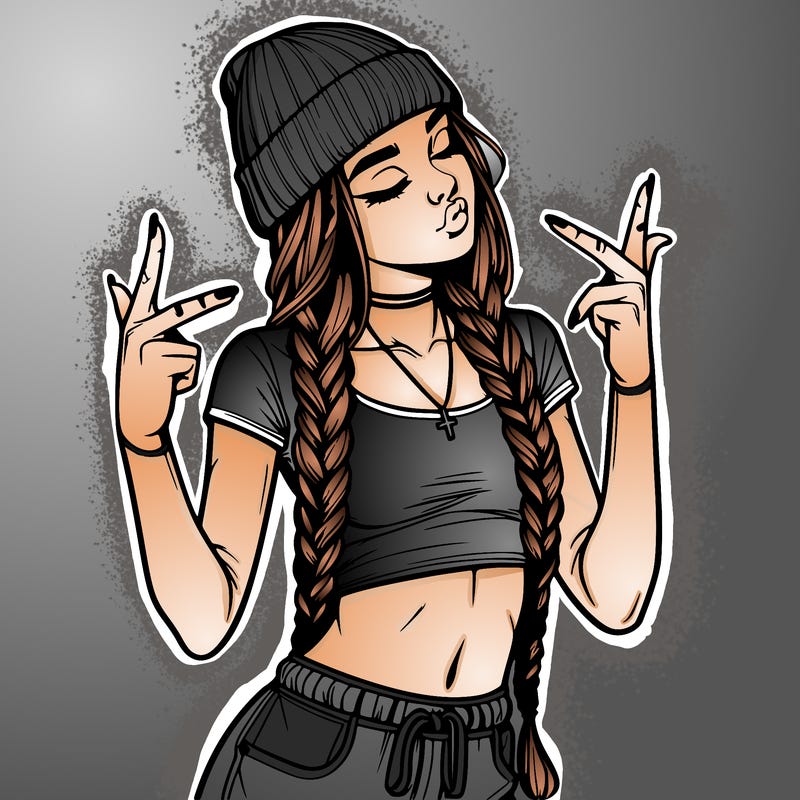 realistic teenage girl with braids and a beanie and crop top doing 🫶🏼