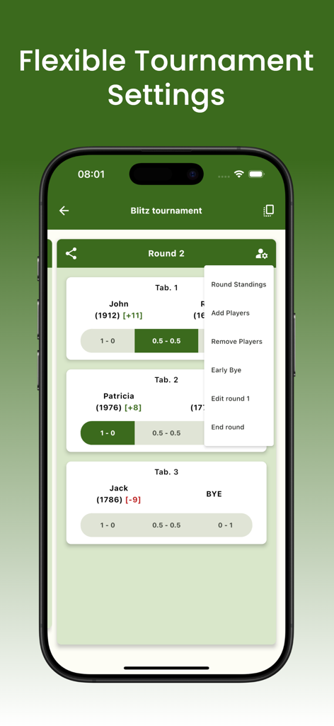 Chess Tournament Manager Pro - Interfaz que muestra configuraciones flexibles del torneo y opciones de gestión de rondas en Chess Tournament Manager Pro.