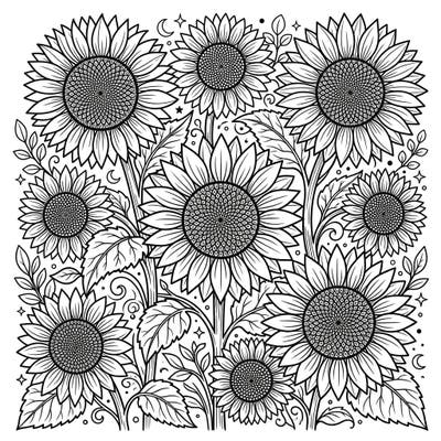 Discover a captivating black oil sunflowers coloring page crafted specifically for teens, featuring intricate details and robust floral designs. This complex composition provides a perfect canvas to express your unique artistic flair and enjoy a mindful coloring experience.