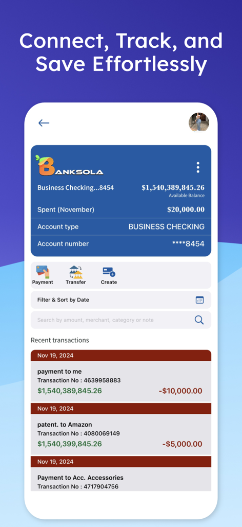 Banksola: Budget Planner - Interfaz de la aplicación Banksola que muestra el saldo de la cuenta corriente comercial y una lista de transacciones recientes