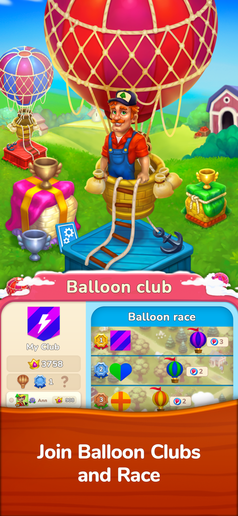 Farmington – Farm game - Un personaje masculino en un globo aerostático sobre una tabla de clasificación para la carrera del Club de Globos de Farmington.