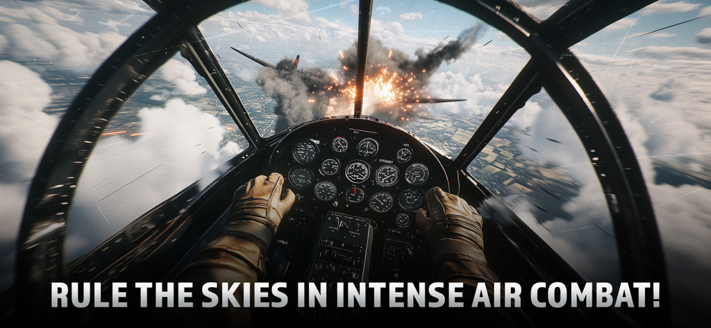Wings of Heroes: WW2 Planes - Vista de cabina en primera persona de un caza de la Segunda Guerra Mundial en combate aéreo con una explosión en el cielo