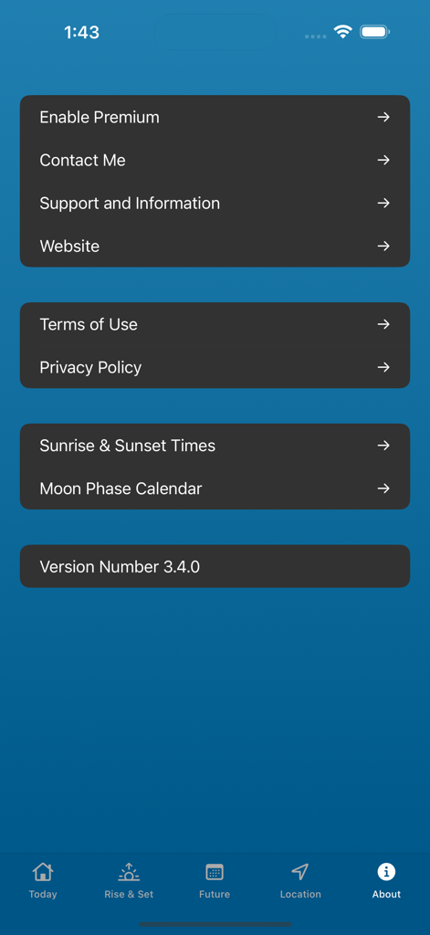 Solunar Best Fishing Time - L'écran « À propos » et « Paramètres » de l'application Solunar Best Fishing Time affiche les options du menu et le calendrier des phases de la lune.