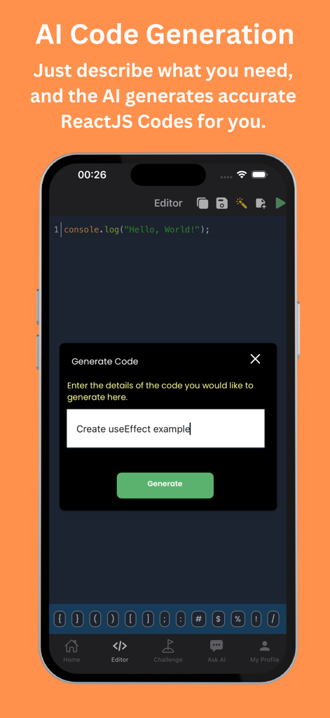 Interface de aplicativo móvel mostrando geração de código por IA para um exemplo de useEffect do React