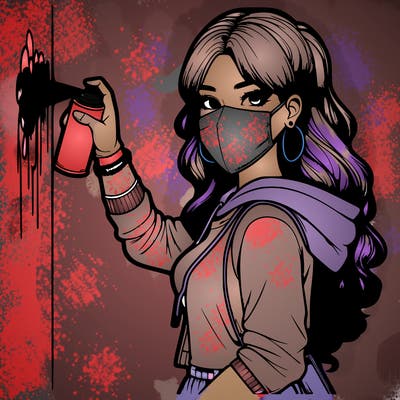 realistic girl with mask spray painting a wall