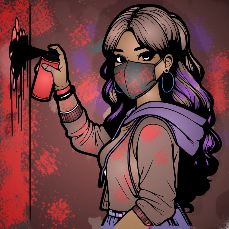 realistic girl with mask spray painting a wall