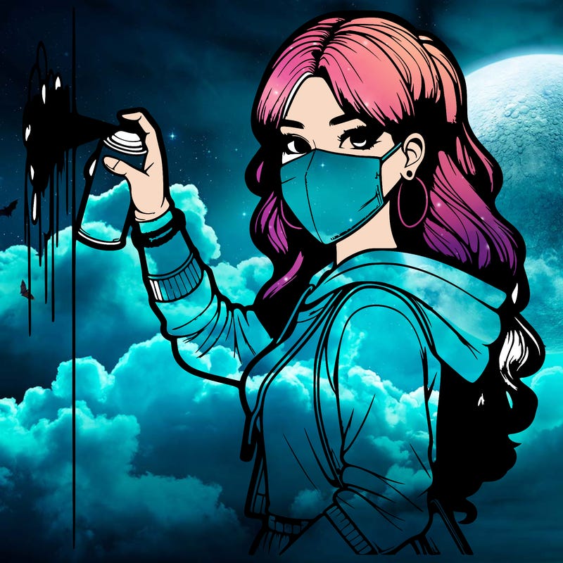 realistic girl with mask spray painting a wall