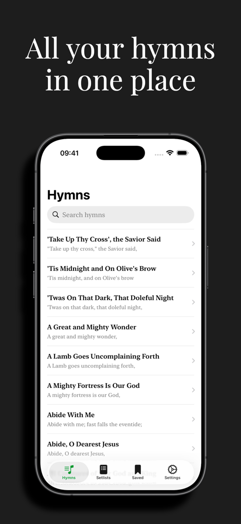 Hymns: Hymn Book - Interface of the Hymns app showing a searchable list of traditional Christian hymns on a smartphone.
