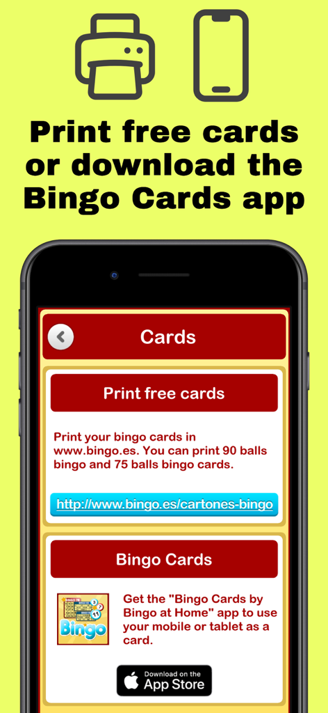 Bingo at Home - Smartphone screen showing options to print free bingo cards or download the companion app for mobile bingo.