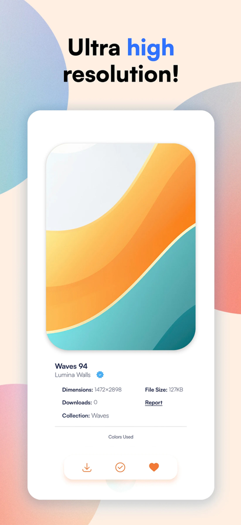 Lumina Wallpapers - Pantalla de la aplicación Fondos de Pantalla Lumina mostrando detalles y especificaciones de alta resolución para un fondo de pantalla de onda abstracta