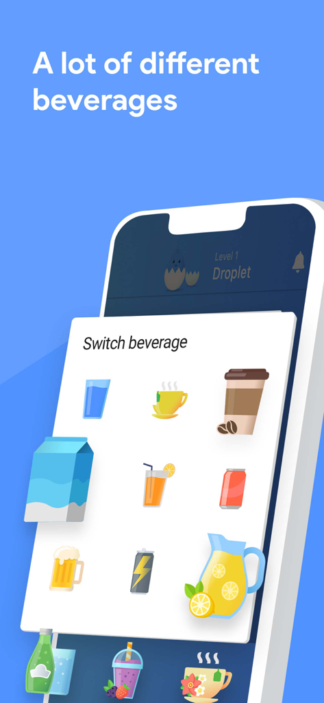 Drink Water Reminder + Tracker - Interfaz de una aplicación de rastreo de hidratación que muestra varios iconos de bebidas como café, jugo y té para registrar