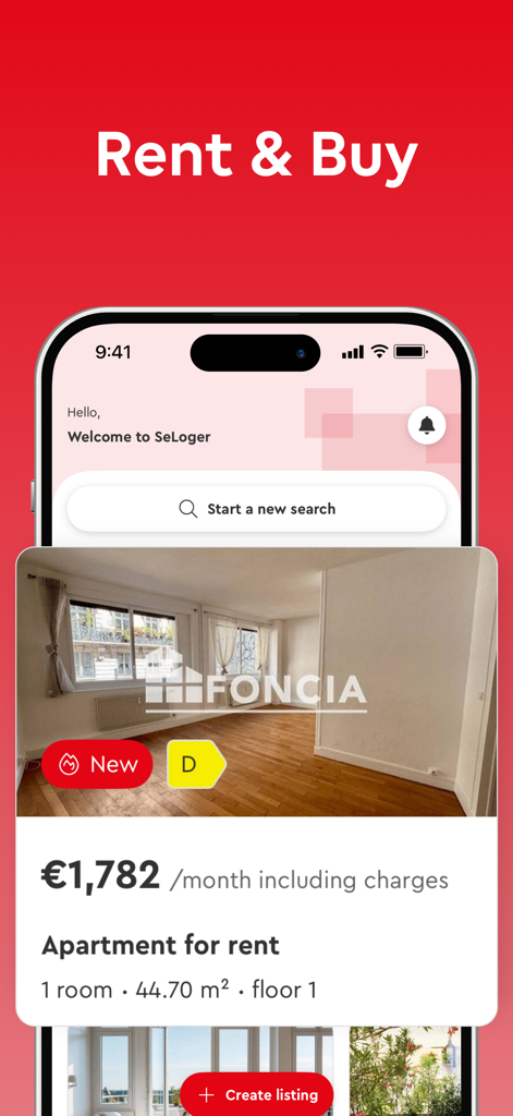 SeLoger – Real Estates France - SeLoger mobile app interface showing a French apartment rental listing with price and area details