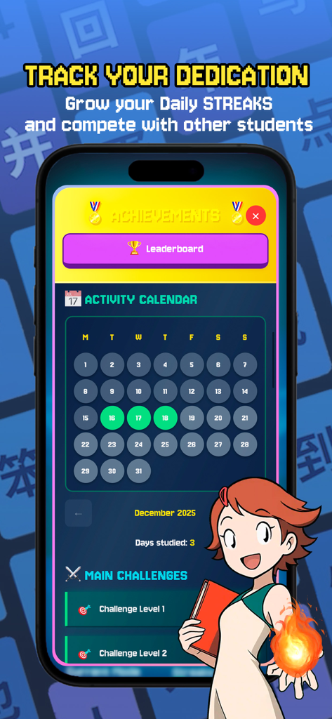 Macalaoshi Flashcards - L'interface de l'application Macalaoshi Flashcards affichant un calendrier d'activités pour suivre les séries quotidiennes et les progrès d'étude.