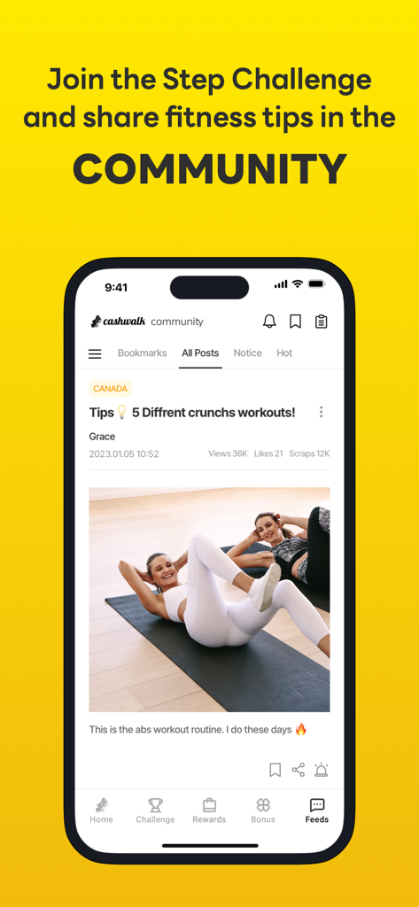 CashWalk - Daily Step Counter - フィットネスのヒントやワークアウトルーチンが掲載されたCashWalkアプリのコミュニティフィードを表示するスマートフォン。