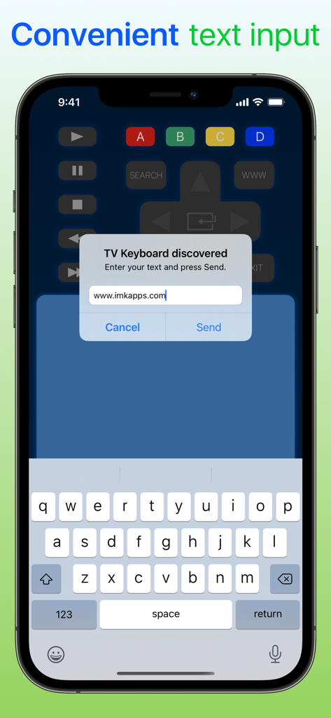iPhone screen showing the myTifi app keyboard for text input on a Samsung Smart TV