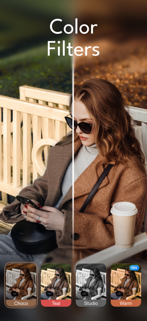 A split-screen comparison showing before and after effects of the Choco color filter on a lifestyle photo of a woman.